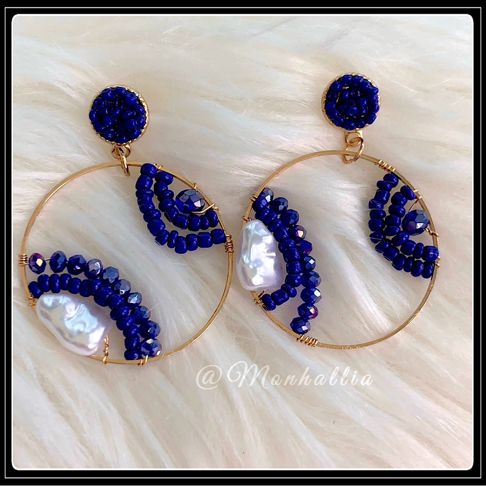Clearance! NEW GOLD PEARL & BLUE BEAD WIRE WRAP STATEMENT BEACHY BOHO EARRINGS